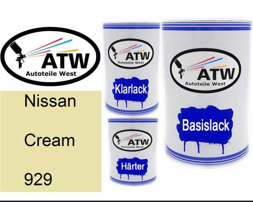 Nissan, Cream, 929: 500ml Lackdose + 500ml Klarlack + 250ml Härter - Set, von ATW Autoteile West.