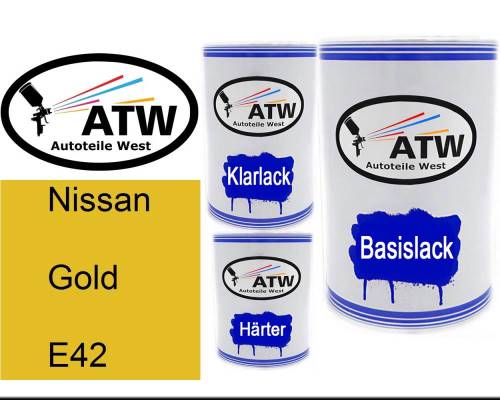 Nissan, Gold, E42: 500ml Lackdose + 500ml Klarlack + 250ml Härter - Set, von ATW Autoteile West.