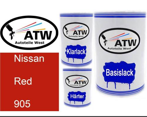Nissan, Red, 905: 500ml Lackdose + 500ml Klarlack + 250ml Härter - Set, von ATW Autoteile West.