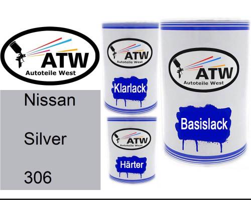 Nissan, Silver, 306: 500ml Lackdose + 500ml Klarlack + 250ml Härter - Set, von ATW Autoteile West.