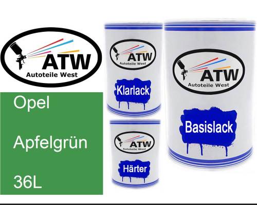 Opel, Apfelgrün, 36L: 500ml Lackdose + 500ml Klarlack + 250ml Härter - Set, von ATW Autoteile West.