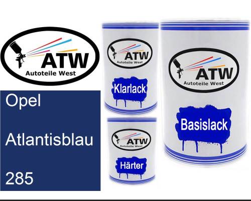 Opel, Atlantisblau, 285: 500ml Lackdose + 500ml Klarlack + 250ml Härter - Set, von ATW Autoteile West.