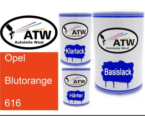 Opel, Blutorange, 616: 500ml Lackdose + 500ml Klarlack + 250ml Härter - Set, von ATW Autoteile West.