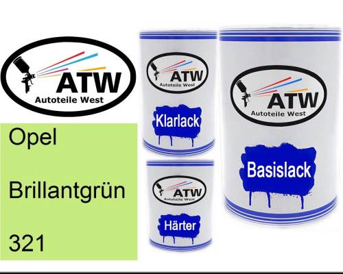 Opel, Brillantgrün, 321: 500ml Lackdose + 500ml Klarlack + 250ml Härter - Set, von ATW Autoteile West.