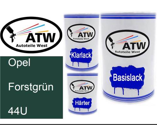 Opel, Forstgrün, 44U: 500ml Lackdose + 500ml Klarlack + 250ml Härter - Set, von ATW Autoteile West.