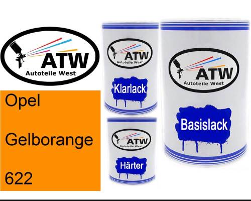 Opel, Gelborange, 622: 500ml Lackdose + 500ml Klarlack + 250ml Härter - Set, von ATW Autoteile West.