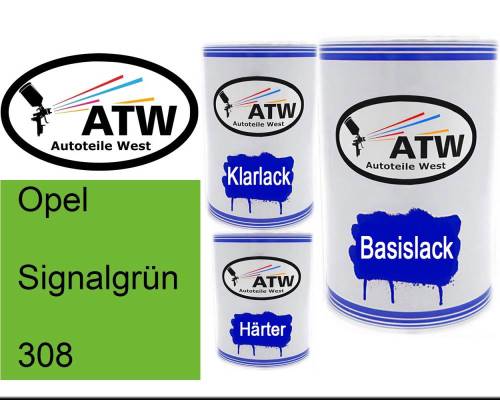 Opel, Signalgrün, 308: 500ml Lackdose + 500ml Klarlack + 250ml Härter - Set, von ATW Autoteile West.
