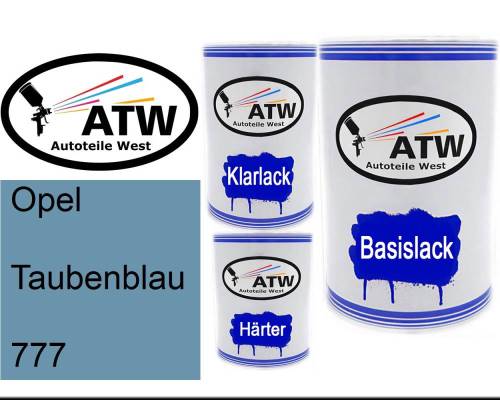 Opel, Taubenblau, 777: 500ml Lackdose + 500ml Klarlack + 250ml Härter - Set, von ATW Autoteile West.