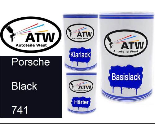Porsche, Black, 741: 500ml Lackdose + 500ml Klarlack + 250ml Härter - Set, von ATW Autoteile West.