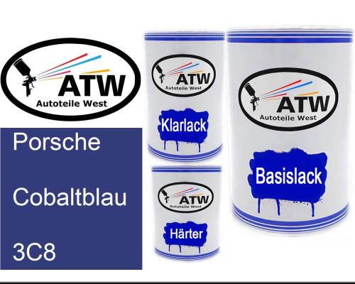 Porsche, Cobaltblau, 3C8: 500ml Lackdose + 500ml Klarlack + 250ml Härter - Set, von ATW Autoteile West.