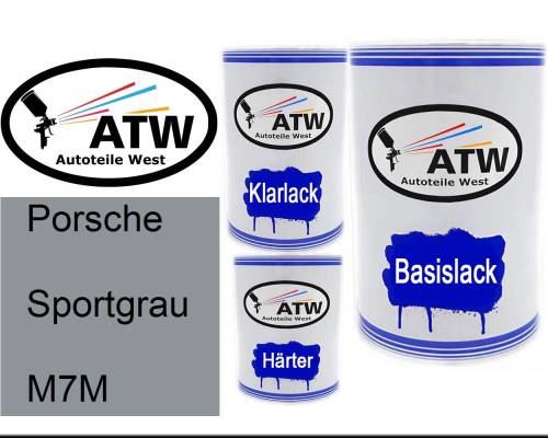 Porsche, Sportgrau, M7M: 500ml Lackdose + 500ml Klarlack + 250ml Härter - Set, von ATW Autoteile West.