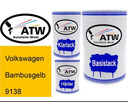 Volkswagen, Bambusgelb, 9138: 500ml Lackdose + 500ml Klarlack + 250ml Härter - Set, von ATW Autoteile West.