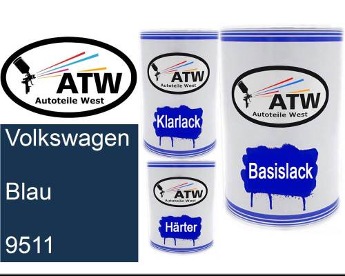 Volkswagen, Blau, 9511: 500ml Lackdose + 500ml Klarlack + 250ml Härter - Set, von ATW Autoteile West.