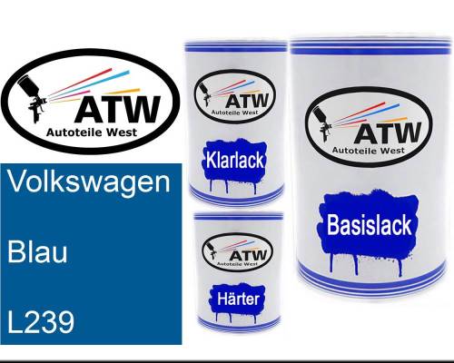 Volkswagen, Blau, L239: 500ml Lackdose + 500ml Klarlack + 250ml Härter - Set, von ATW Autoteile West.