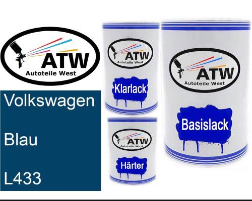 Volkswagen, Blau, L433: 500ml Lackdose + 500ml Klarlack + 250ml Härter - Set, von ATW Autoteile West.