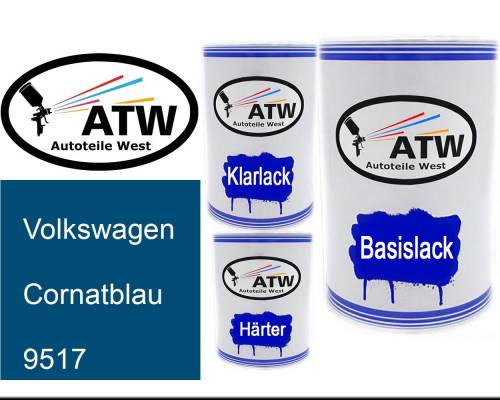 Volkswagen, Cornatblau, 9517: 500ml Lackdose + 500ml Klarlack + 250ml Härter - Set, von ATW Autoteile West.