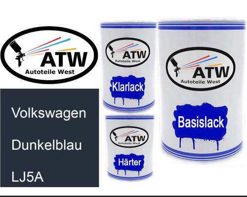 Volkswagen, Dunkelblau, LJ5A: 500ml Lackdose + 500ml Klarlack + 250ml Härter - Set, von ATW Autoteile West.