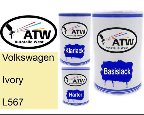 Volkswagen, Ivory, L567: 500ml Lackdose + 500ml Klarlack + 250ml Härter - Set, von ATW Autoteile West.