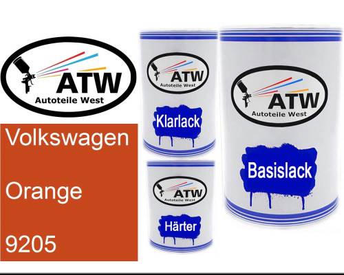 Volkswagen, Orange, 9205: 500ml Lackdose + 500ml Klarlack + 250ml Härter - Set, von ATW Autoteile West.