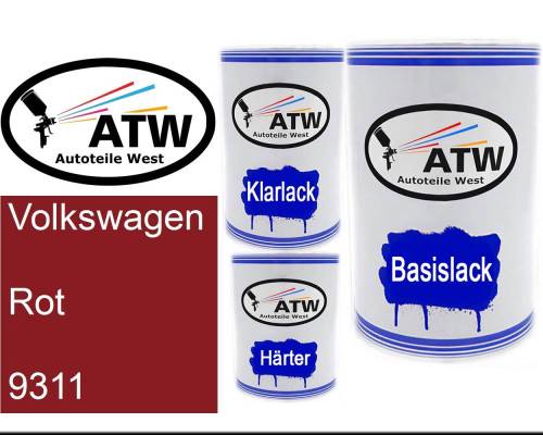 Volkswagen, Rot, 9311: 500ml Lackdose + 500ml Klarlack + 250ml Härter - Set, von ATW Autoteile West.