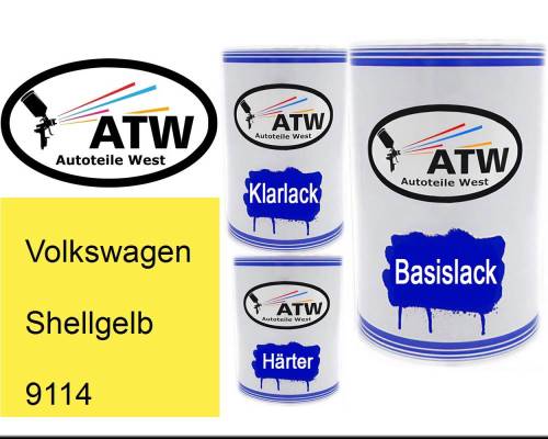 Volkswagen, Shellgelb, 9114: 500ml Lackdose + 500ml Klarlack + 250ml Härter - Set, von ATW Autoteile West.