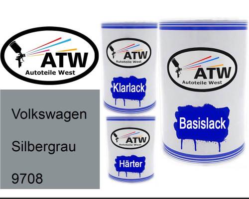 Volkswagen, Silbergrau, 9708: 500ml Lackdose + 500ml Klarlack + 250ml Härter - Set, von ATW Autoteile West.