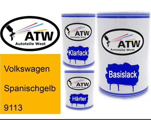 Volkswagen, Spanischgelb, 9113: 500ml Lackdose + 500ml Klarlack + 250ml Härter - Set, von ATW Autoteile West.