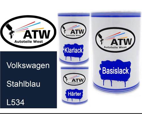 Volkswagen, Stahlblau, L534: 500ml Lackdose + 500ml Klarlack + 250ml Härter - Set, von ATW Autoteile West.