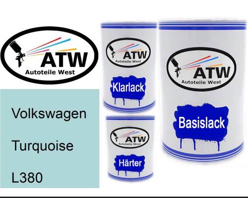 Volkswagen, Turquoise, L380: 500ml Lackdose + 500ml Klarlack + 250ml Härter - Set, von ATW Autoteile West.