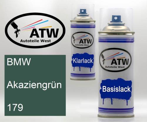 BMW, Akaziengrün, 179: 400ml Sprühdose + 400ml Klarlack - Set, von ATW Autoteile West.