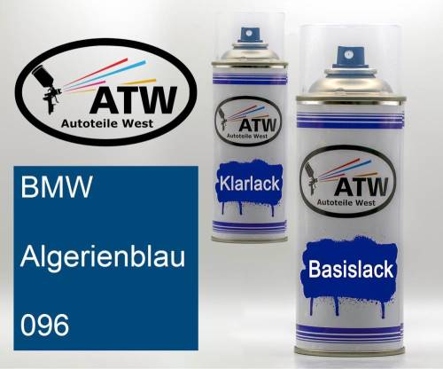 BMW, Algerienblau, 096: 400ml Sprühdose + 400ml Klarlack - Set, von ATW Autoteile West.