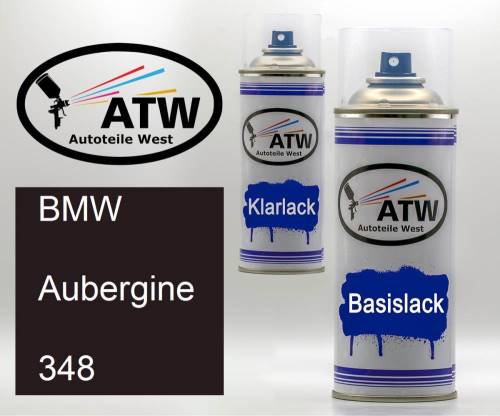 BMW, Aubergine, 348: 400ml Sprühdose + 400ml Klarlack - Set, von ATW Autoteile West.