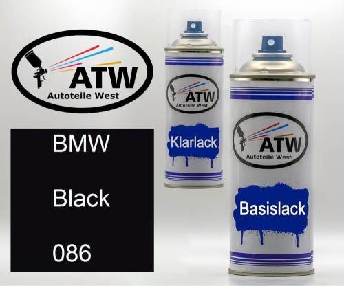 BMW, Black, 086: 400ml Sprühdose + 400ml Klarlack - Set, von ATW Autoteile West.