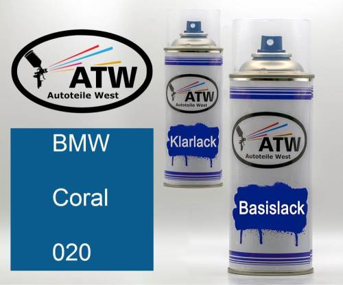 BMW, Coral, 020: 400ml Sprühdose + 400ml Klarlack - Set, von ATW Autoteile West.