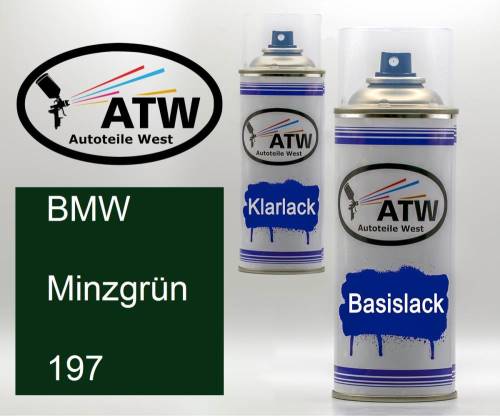 BMW, Minzgrün, 197: 400ml Sprühdose + 400ml Klarlack - Set, von ATW Autoteile West.