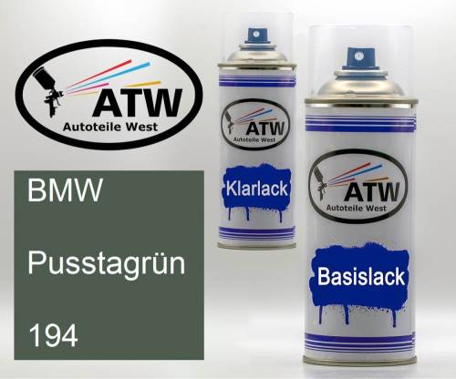 BMW, Pusstagrün, 194: 400ml Sprühdose + 400ml Klarlack - Set, von ATW Autoteile West.
