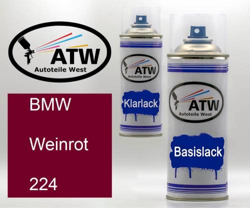 BMW, Weinrot, 224: 400ml Sprühdose + 400ml Klarlack - Set, von ATW Autoteile West.