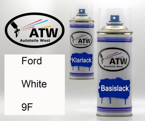 Ford, White, 9F: 400ml Sprühdose + 400ml Klarlack - Set, von ATW Autoteile West.