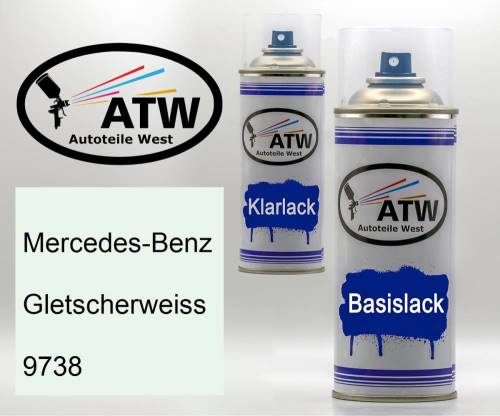 Mercedes-Benz, Gletscherweiss, 9738: 400ml Sprühdose + 400ml Klarlack - Set, von ATW Autoteile West.