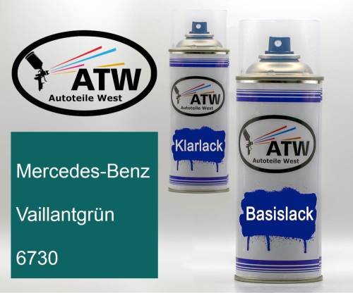 Mercedes-Benz, Vaillantgrün, 6730: 400ml Sprühdose + 400ml Klarlack - Set, von ATW Autoteile West.