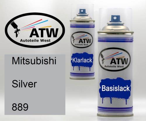 Mitsubishi, Silver, 889: 400ml Sprühdose + 400ml Klarlack - Set, von ATW Autoteile West.