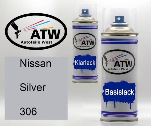 Nissan, Silver, 306: 400ml Sprühdose + 400ml Klarlack - Set, von ATW Autoteile West.