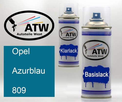 Opel, Azurblau, 809: 400ml Sprühdose + 400ml Klarlack - Set, von ATW Autoteile West.