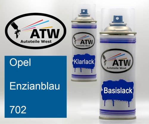 Opel, Enzianblau, 702: 400ml Sprühdose + 400ml Klarlack - Set, von ATW Autoteile West.