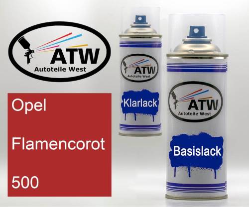 Opel, Flamencorot, 500: 400ml Sprühdose + 400ml Klarlack - Set, von ATW Autoteile West.
