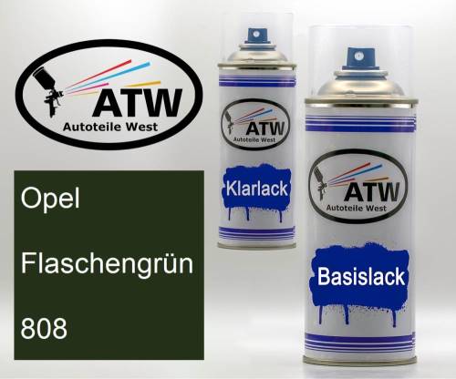 Opel, Flaschengrün, 808: 400ml Sprühdose + 400ml Klarlack - Set, von ATW Autoteile West.