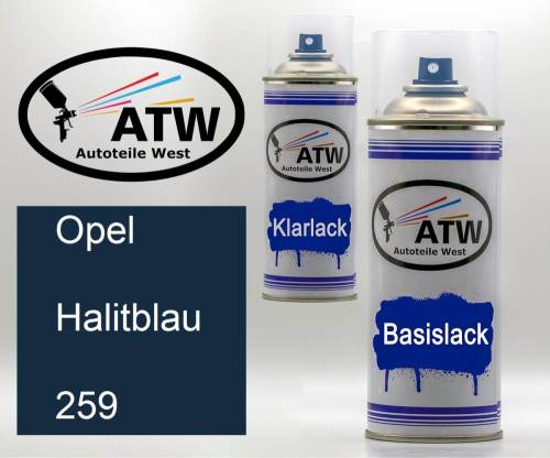 Opel, Halitblau, 259: 400ml Sprühdose + 400ml Klarlack - Set, von ATW Autoteile West.