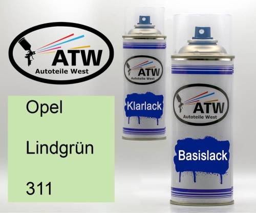 Opel, Lindgrün, 311: 400ml Sprühdose + 400ml Klarlack - Set, von ATW Autoteile West.