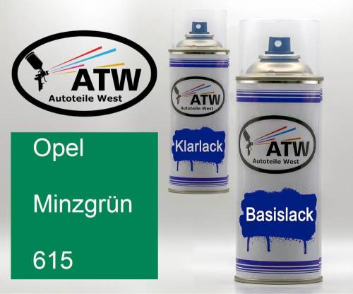 Opel, Minzgrün, 615: 400ml Sprühdose + 400ml Klarlack - Set, von ATW Autoteile West.