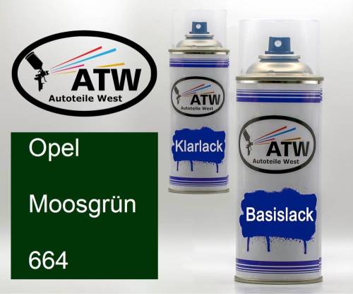 Opel, Moosgrün, 664: 400ml Sprühdose + 400ml Klarlack - Set, von ATW Autoteile West.